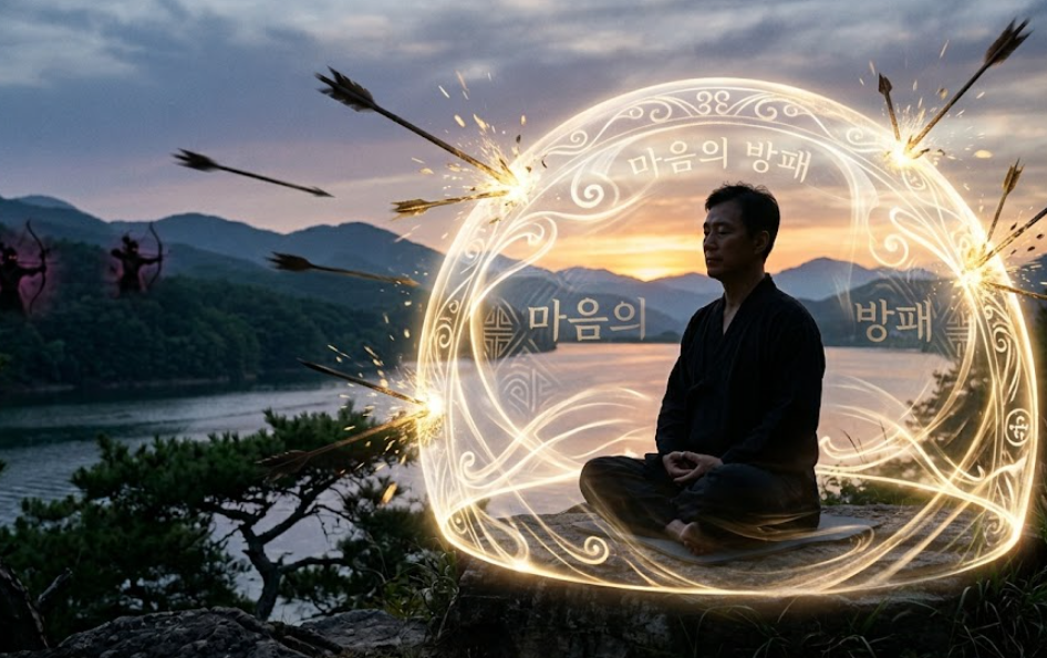 타인의 비난(화살)이 마음의 방패에 튕겨 나가는 일러스트