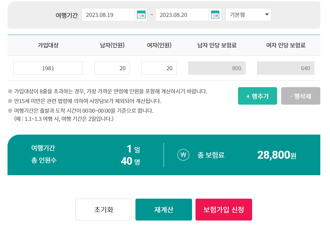 단체여행자보험료