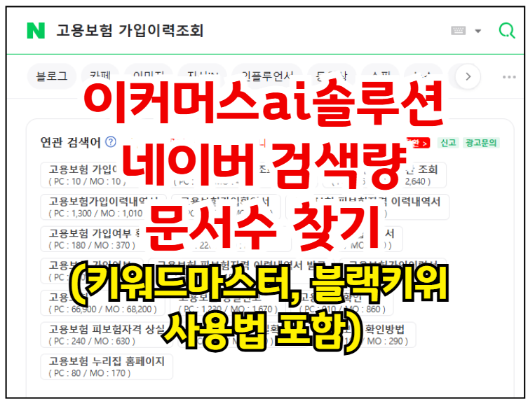 네이버 연관 검색어, 이커머스ai솔루션 활용 블로그 문서수 찾기