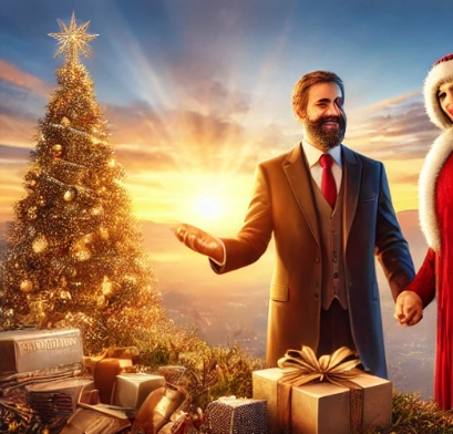 크리스마스트리와 선물과 인사말