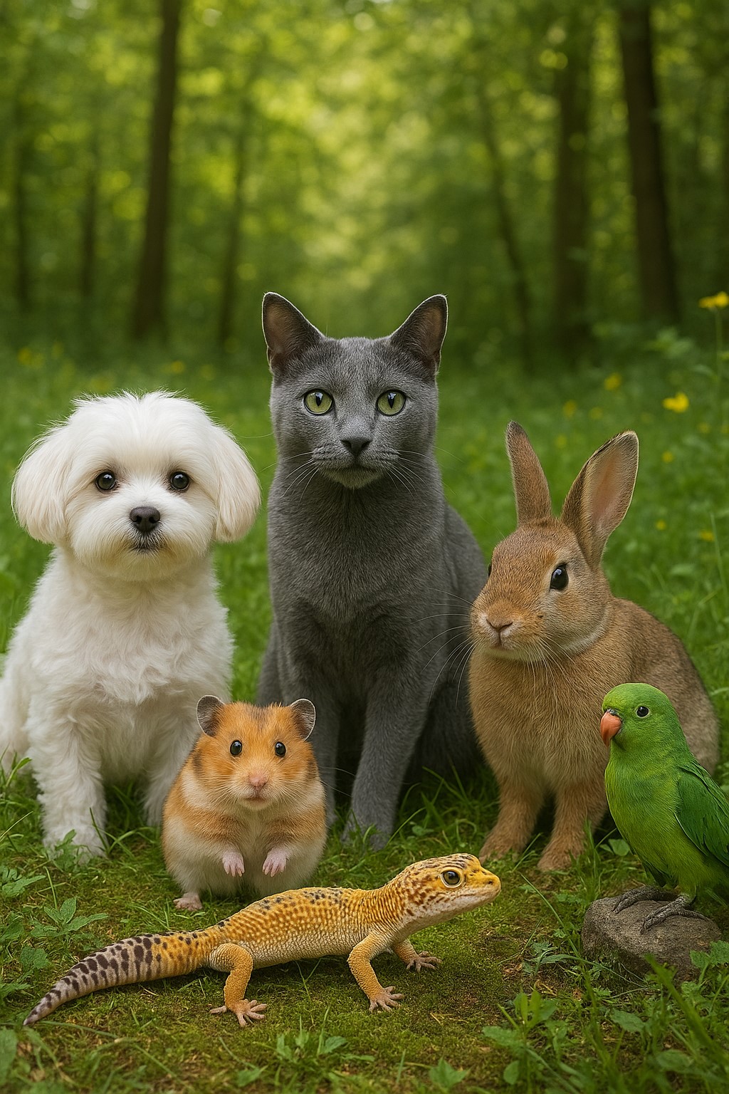 말티즈,러시안 불루,햄스터,토끼,레오파드게코,앵무새가 함꼐 모여있는 사진