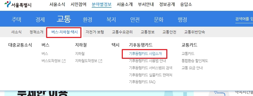 기후동행카드 사업 소개 페이지의 전반적인 안내 화면