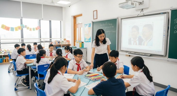 베트남 국제학교의 현대적인 교실에서 다국적 학생들이 활발하게 협력 학습을 하는 모습