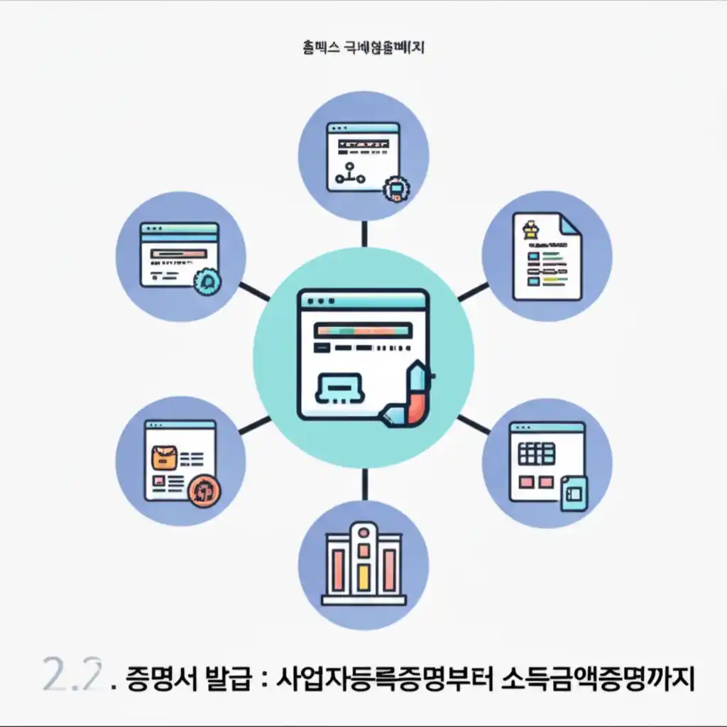 홈택스 국세청홈페이지 증명서 발급 화면. 사업자등록증명, 소득금액증명 등.