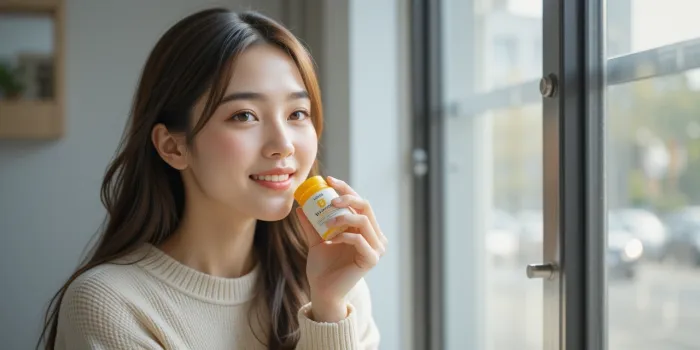 다이소 칼슘&amp;#44; 오메가3&amp;#44; 비타민B를 들고 미소 짓는 모습