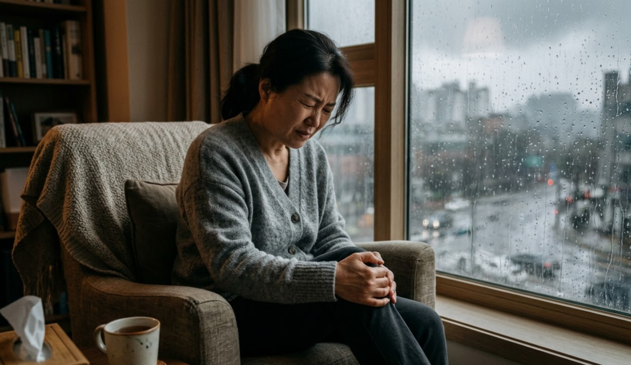 alt="장마철 비 오는 날 무릎을 잡고 통증을 느끼는 중년 여성"