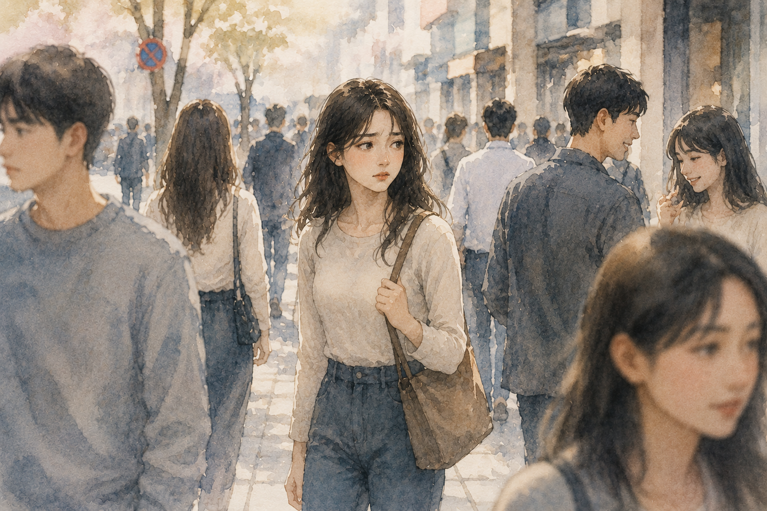 사람들로 붐비는 길거리에서 주변 시선과 분위기를 의식하며 조심스럽게 걸어가고 있지만, 어딘가 지쳐 보이는 표정을 감추지 못하는 여성의 감성적인 수채화 일러스트