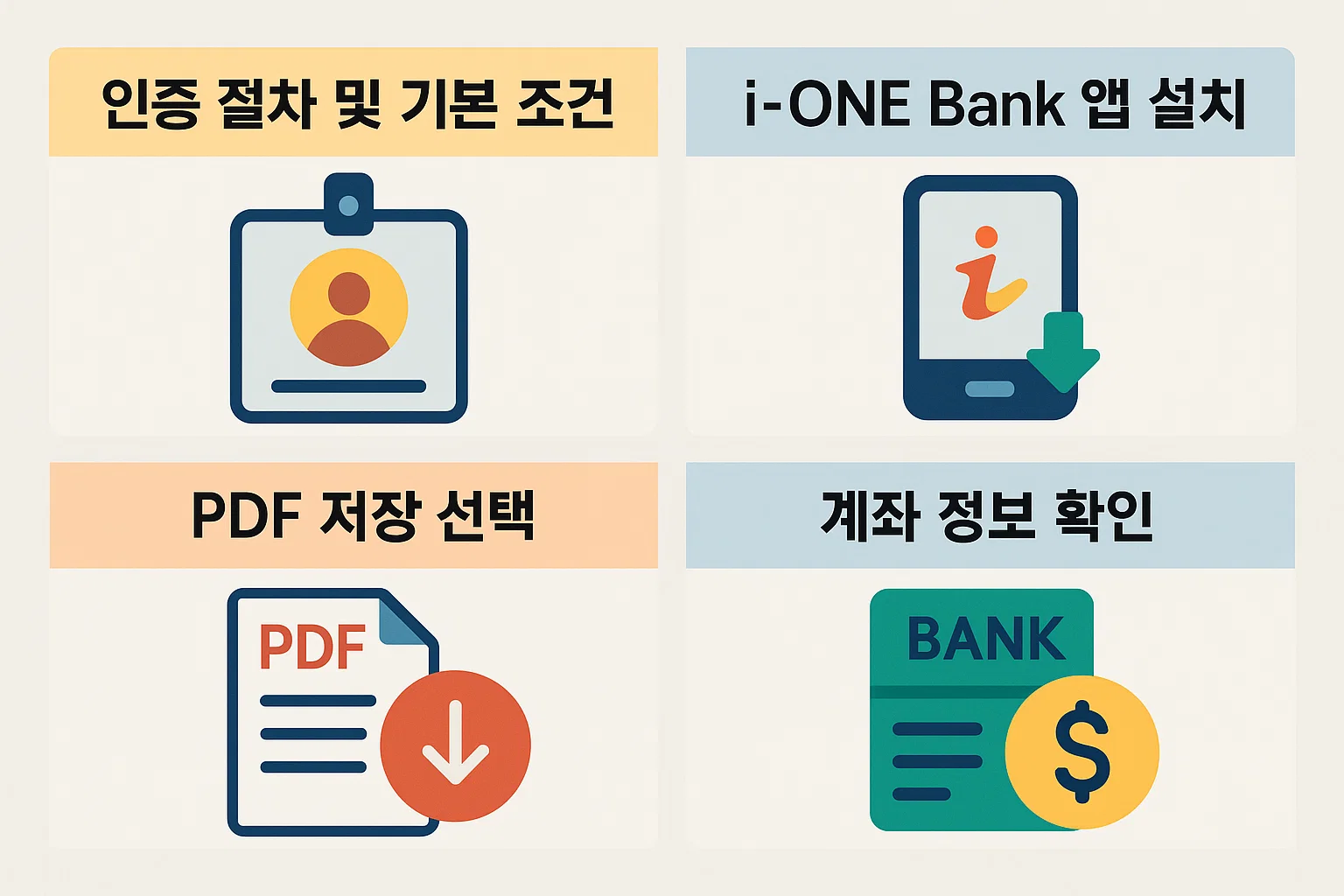 인증 절차 및 기본 조건, i-ONE Bank 앱 설치, PDF 저장 선택, 계좌 정보 확인 등 사전 준비 과정을 요약한 인포그래픽.