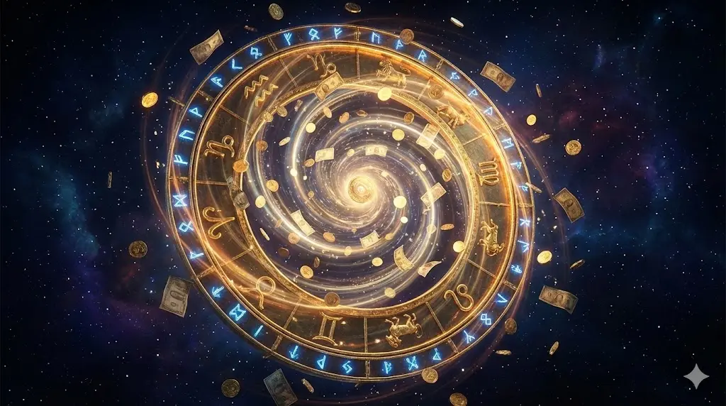 잊고 있던 미환급금과 숨은 돈이 돌아오는 운명을 상징하는 운명의 수레바퀴 타로 카드. 우주 속 황금빛 수레바퀴와 쏟아지는 금화.