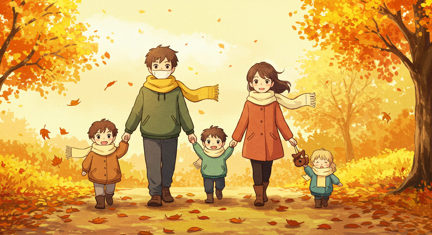 예방접종 후 건강하게 가을 산책하는 가족 모습