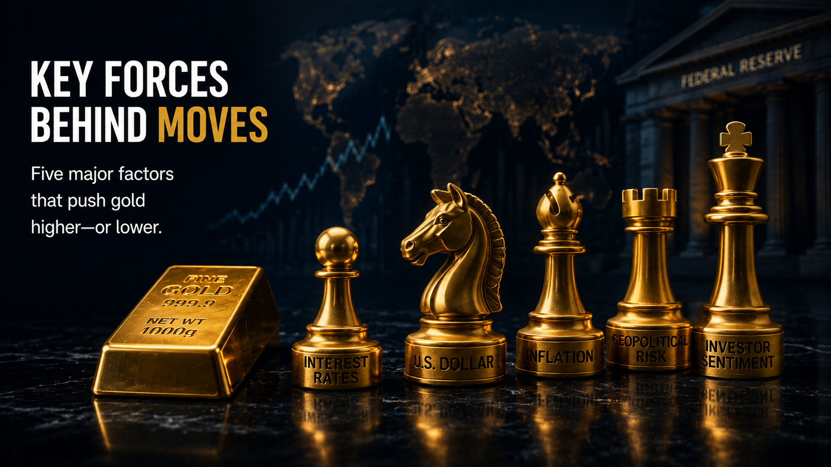Cinematic financial illustration highlighting the major factors that drive gold prices, including interest rates, inflation, the U.S. dollar, geopolitical risk, and investor sentiment.
