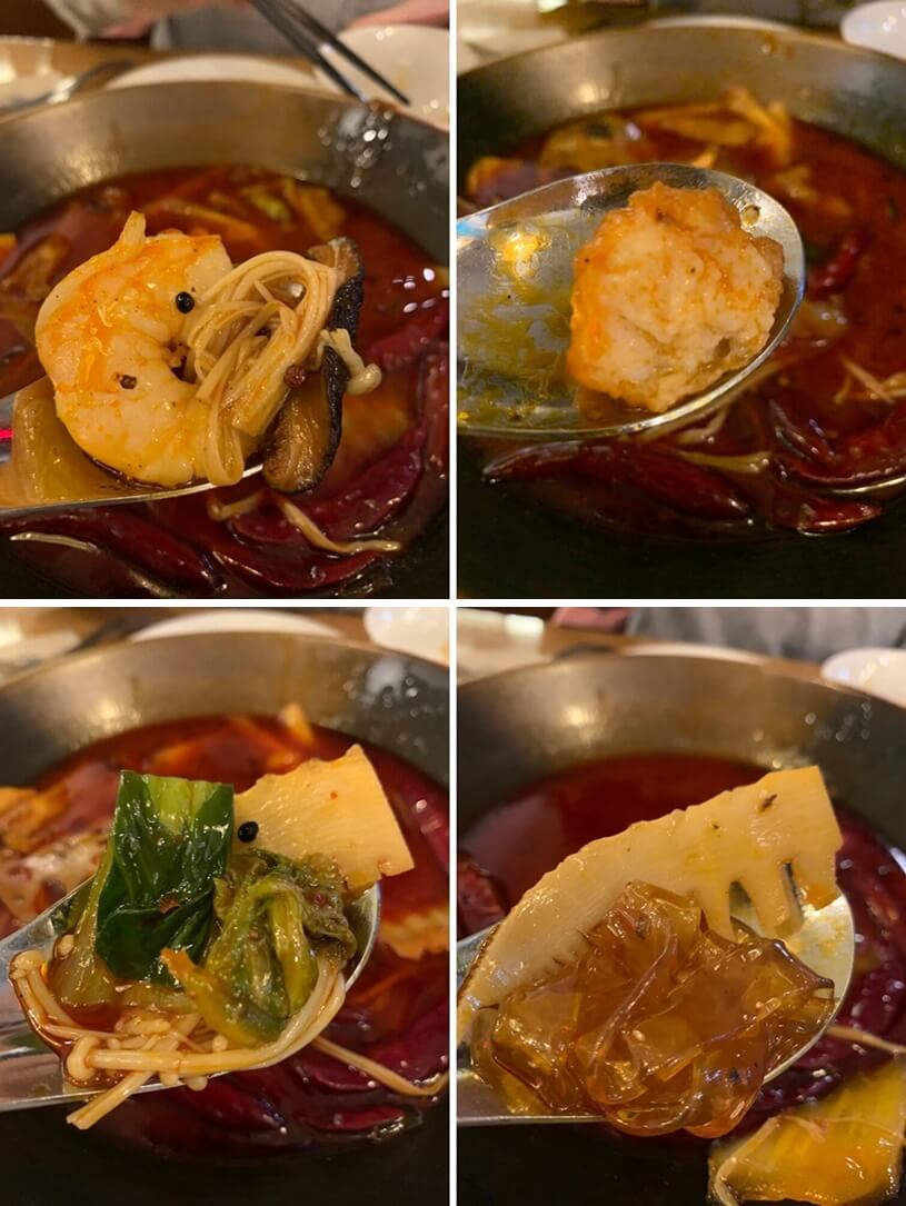 마라탕 안에 완자, 새우, 당면, 죽순