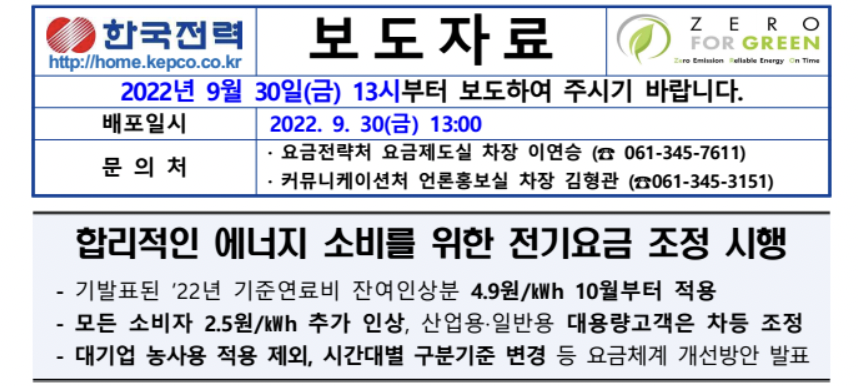 가스 전기 요금 인상 (2022년 10월 1일 부터)