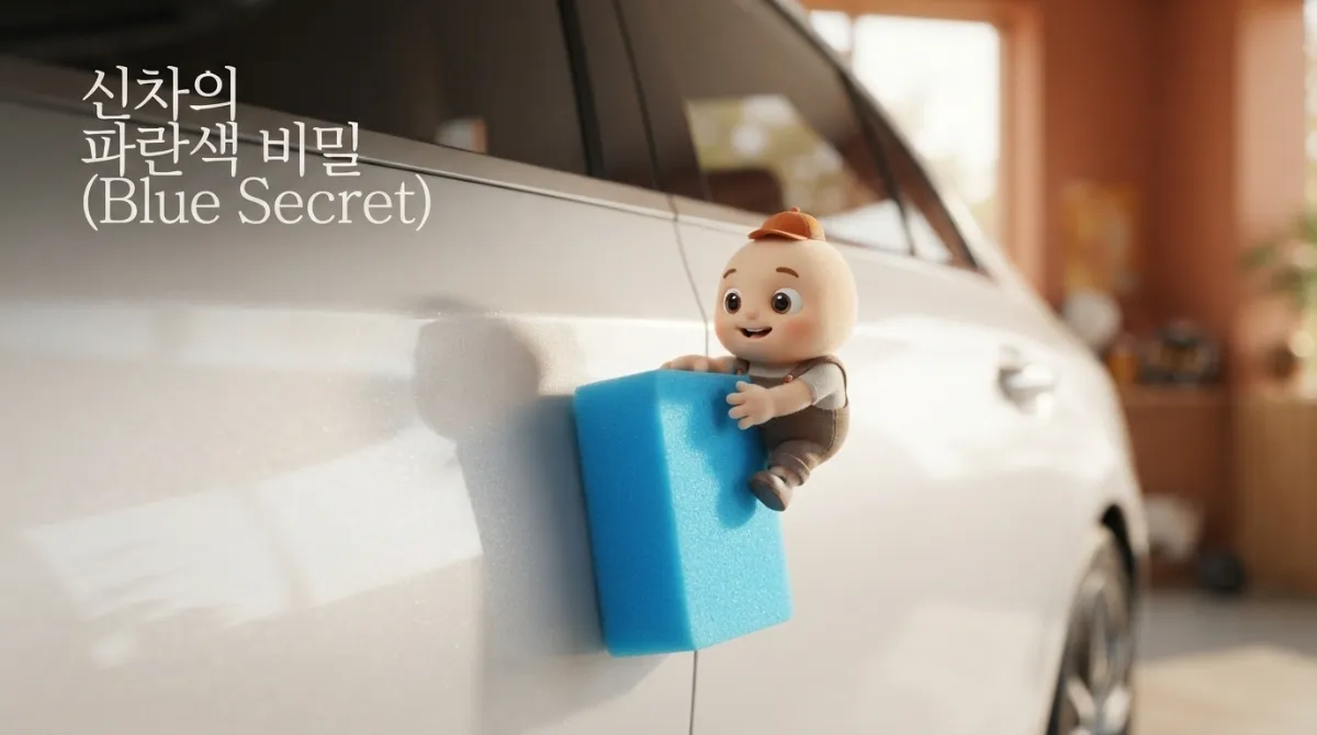 신차 문에 부착된 파란색 문콕 방지 스펀지 가드 상세 모습