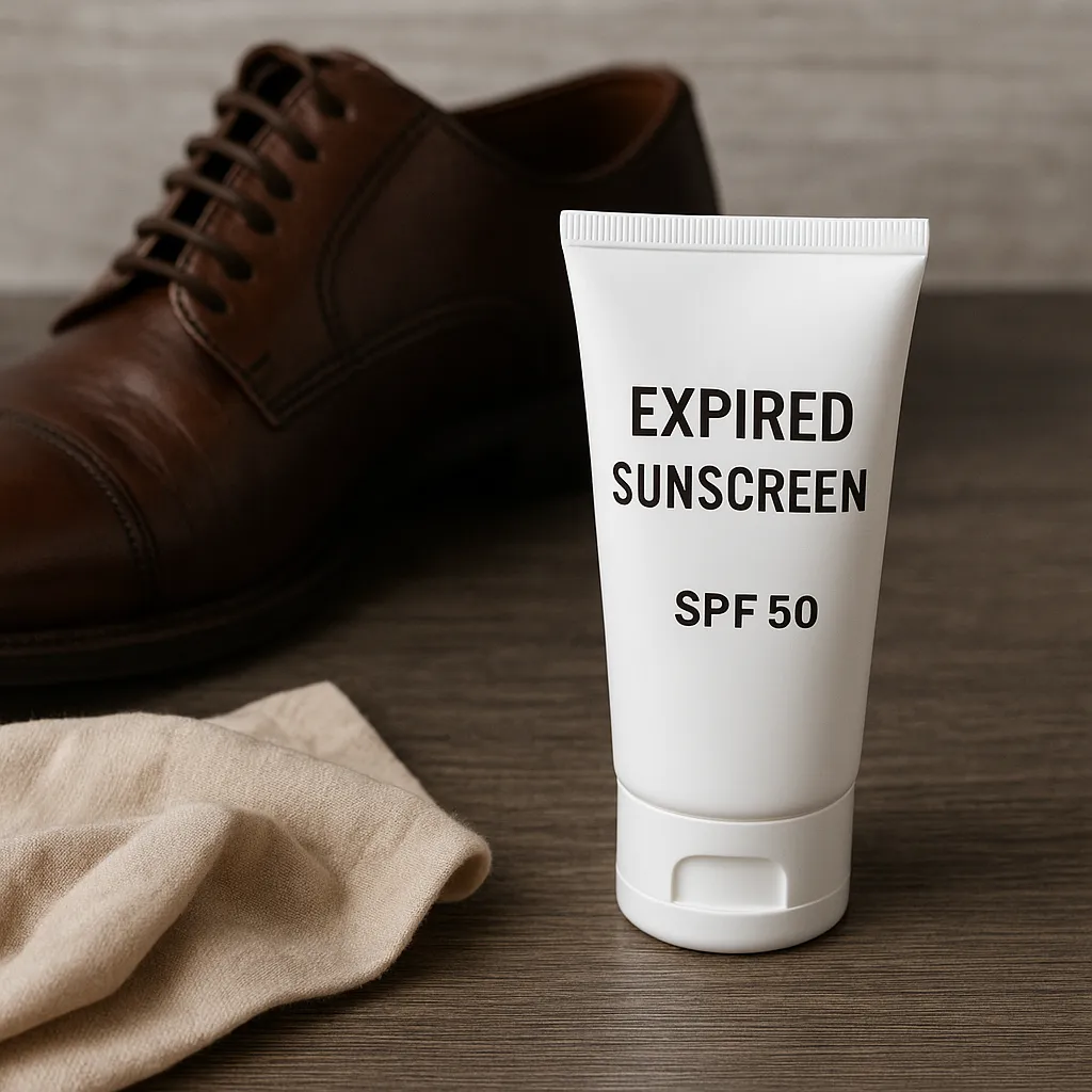 선크림, 가죽 구두, 천이 함께 놓인 장면