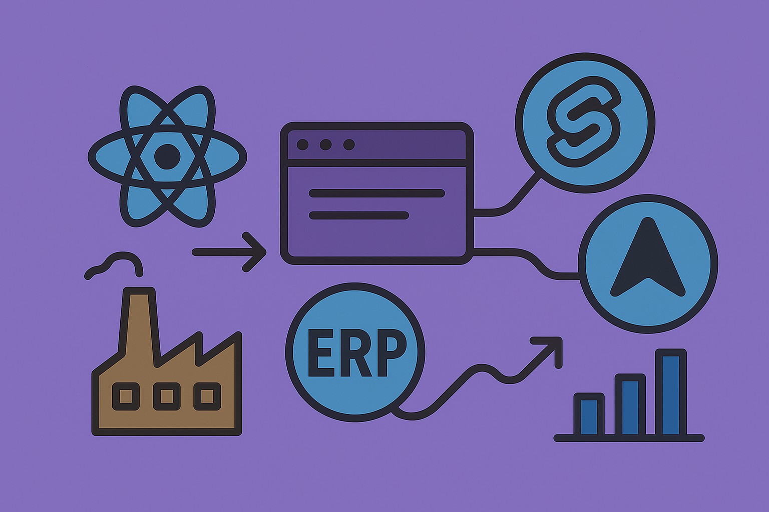 React, Svelte, Astro의 구조적 차이를 연결된 형태로 표현한 일러스트