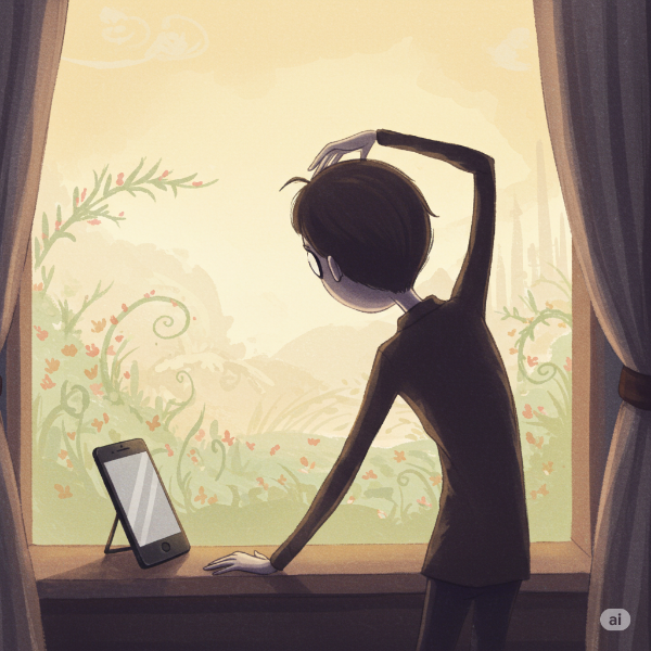 스마트폰을 잠시 내려놓고 창밖 풍경을 보거나 스트레칭하는 사람, 디지털 디톡스와 마음챙김 상징