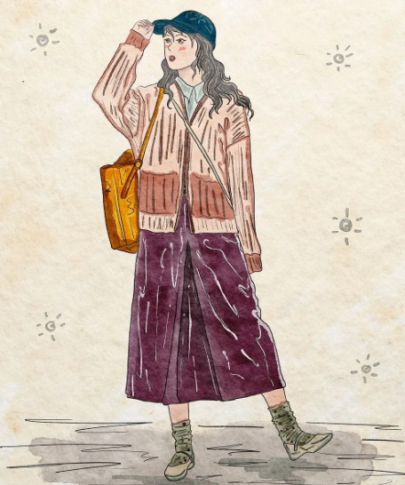 모자를 만지며 가방을메고 걸어가는 여자사진