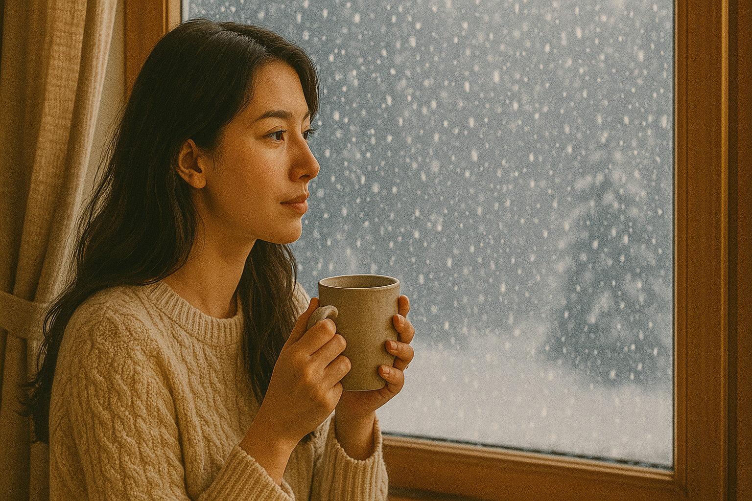 폭설이 내리는 창문을 바라보며 커피를 마시고 있는 여성