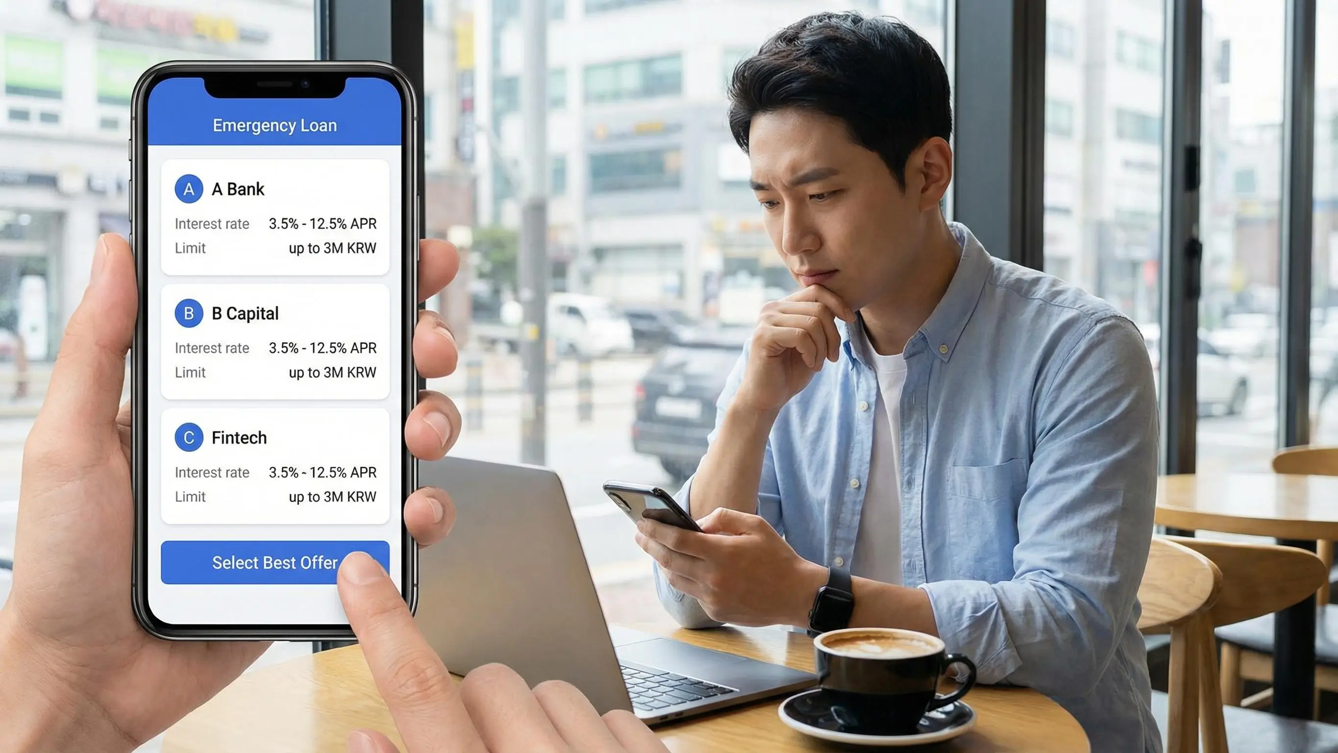 여러 비상금 대출 상품의 금리와 한도를 스마트폰으로 비교하고 가장 유리한 곳을 선택하는 모습