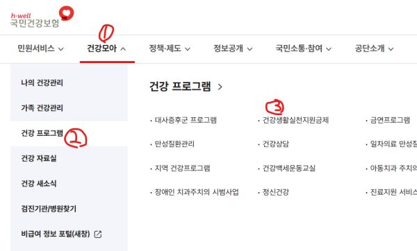 국민건강보험 홈페이지 : 건강생활실천지원금제 메뉴