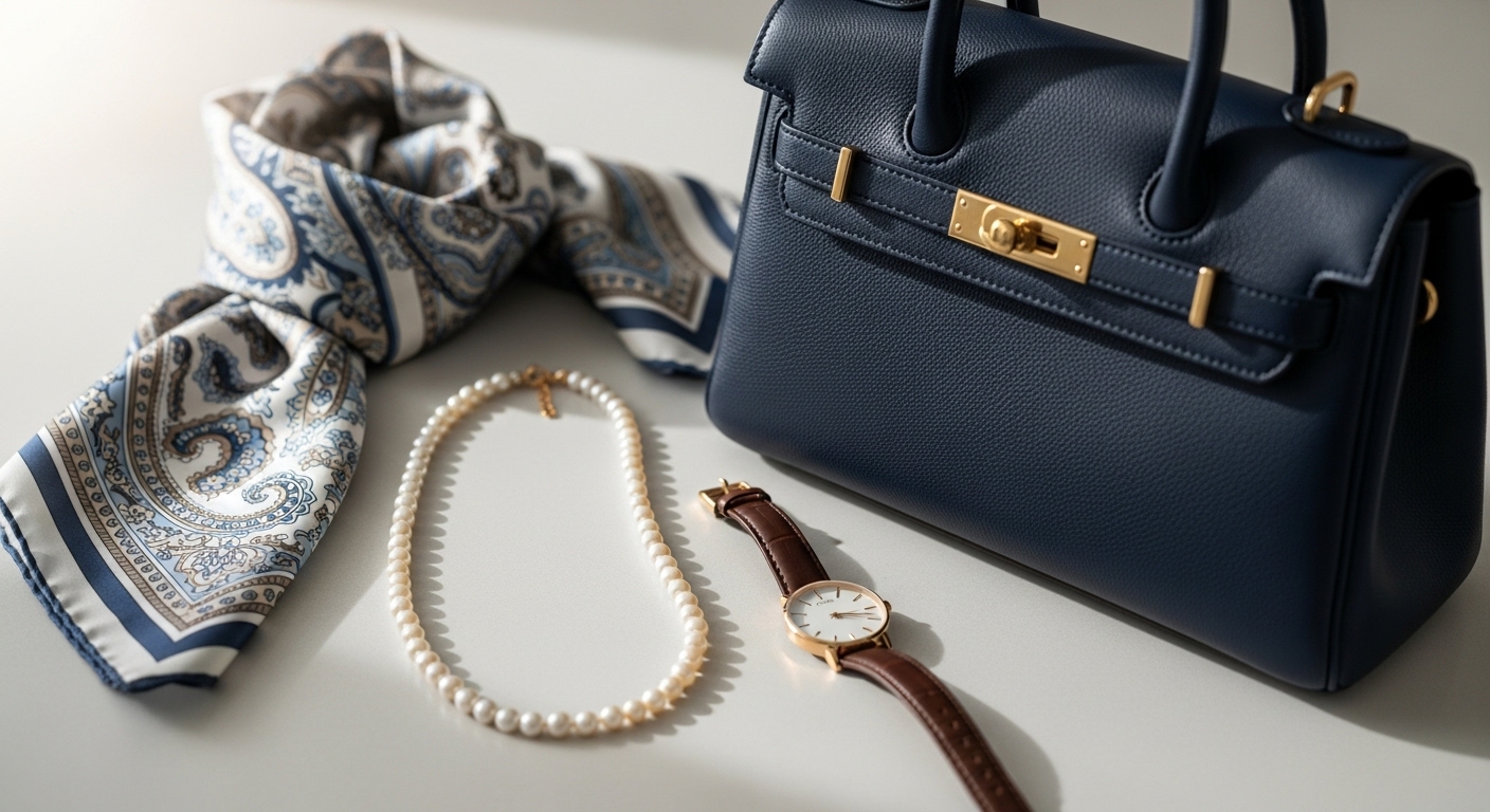 중년 시크룩을 위한 액세서리 컬렉션. 실크 스카프, 진주 목걸이, 고급 가죽 시계와 네이비 핸드백이 놓여 있어 우아함을 더함.