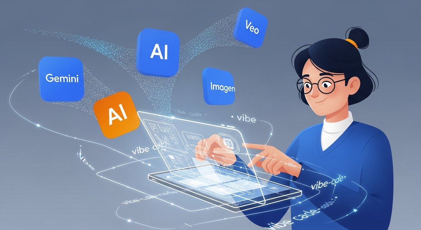 구글 오팔을 이용해 코딩 없이 10분 만에 AI 앱을 만드는 사용자의 모습. 추상적인 AI 모델이 떠다니는 미래 지향적인 환경에서 직관적인 인터페이스를 통해 아이디어를 현실로 구현하는 과정을 보여줍니다.