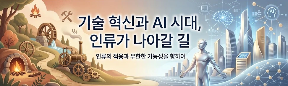 기술 혁신과 AI 시대를 상징하는 원시시대 불, 톱니바퀴, 로봇 아이콘 일러스트