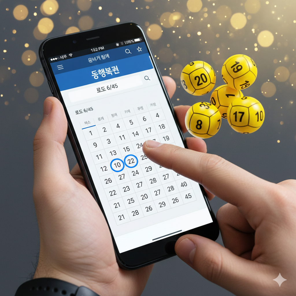 스마트폰 화면에 동행복권 홈페이지가 띄워져 있고, 손가락으로 로또 번호를 선택하는 모습과 행운의 상징인 노란색 복권 공 이미지)