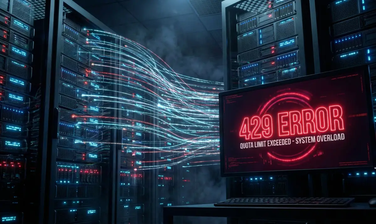 수많은 데이터 요청으로 인해 과부하가 걸린 디지털 서버실과 붉은 경고등이 켜진 모니터 화면