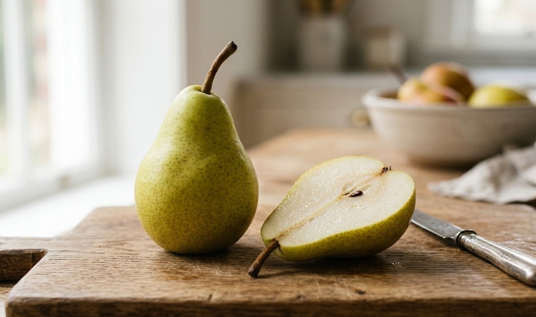 통째 서양배와 반으로 자른 서양배를 도마 위에 놓은 이미지