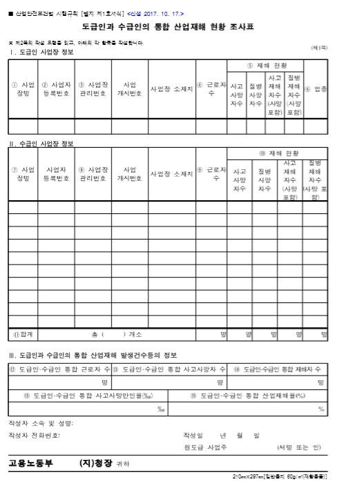 이 사진은 도급인과 수급인의 통합산업재해 조사표의 양식입니다.
