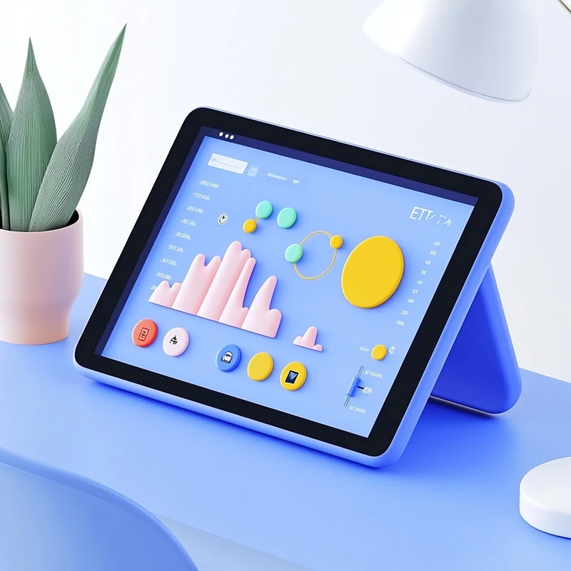 연금 계좌 ETF 포트폴리오 구성과 자동 투자 설정 화면이 태블릿에 표시, 효율적인 자산 배분, 스마트한 투자 전략, 편리한 노후 준비