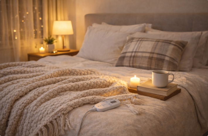 전기장판 리모컨이 놓인 따뜻한 겨울 침실의 아늑한 침대