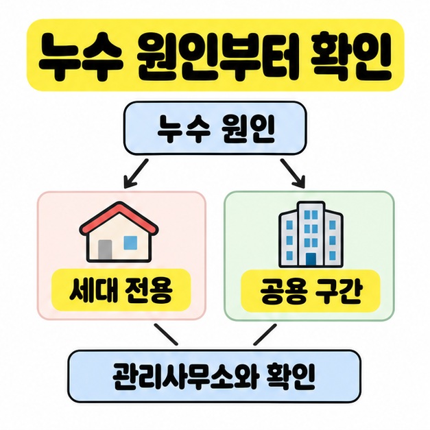 누수 원인에서 세대 전용과 공용 구간으로 갈라지는 화살표를 표시하고 관리사무소와 확인하라는 안내를 연결한 이미지