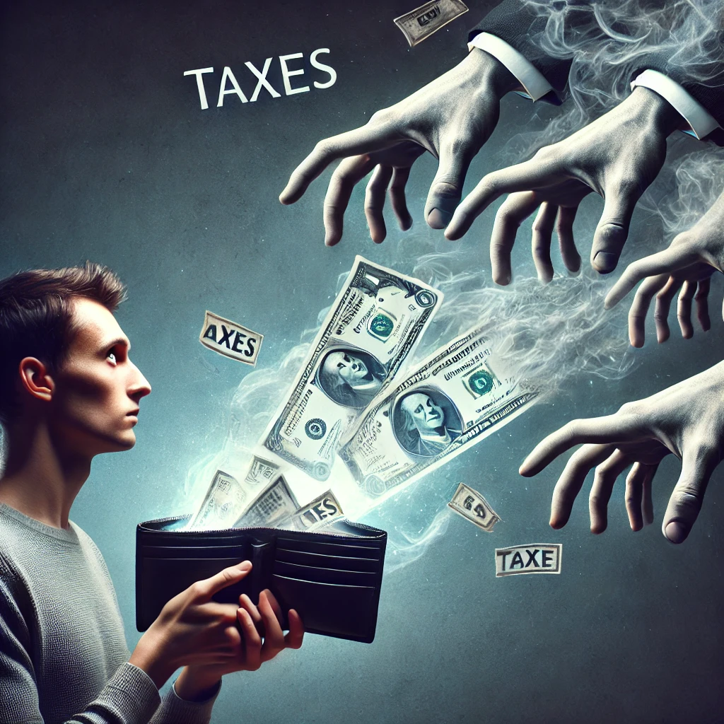 지갑을 쥔 사람이 돈을 붙잡고 있지만, 유령 같은 손들이 그것을 하늘로 끌어가는 장면을 표현했다.