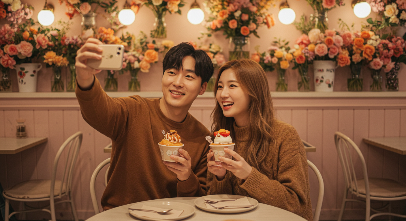 춘천의 감성 가득한 플라워 카페에서 한국인 연인이 디저트를 즐기며 사진 찍는 모습