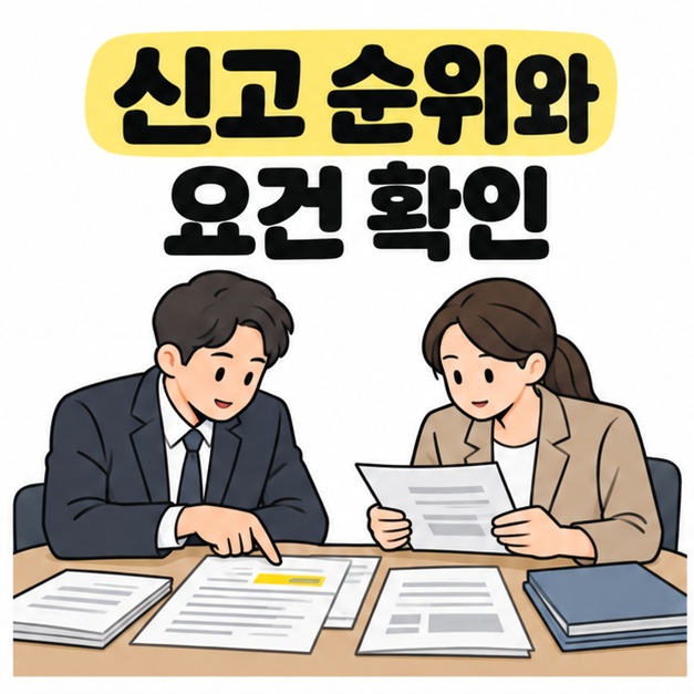 신고 순위와 요건 확인 문구 아래 남성이 서류의 노란 강조 부분을 짚고 여성이 다른 문서를 살펴보는 모습