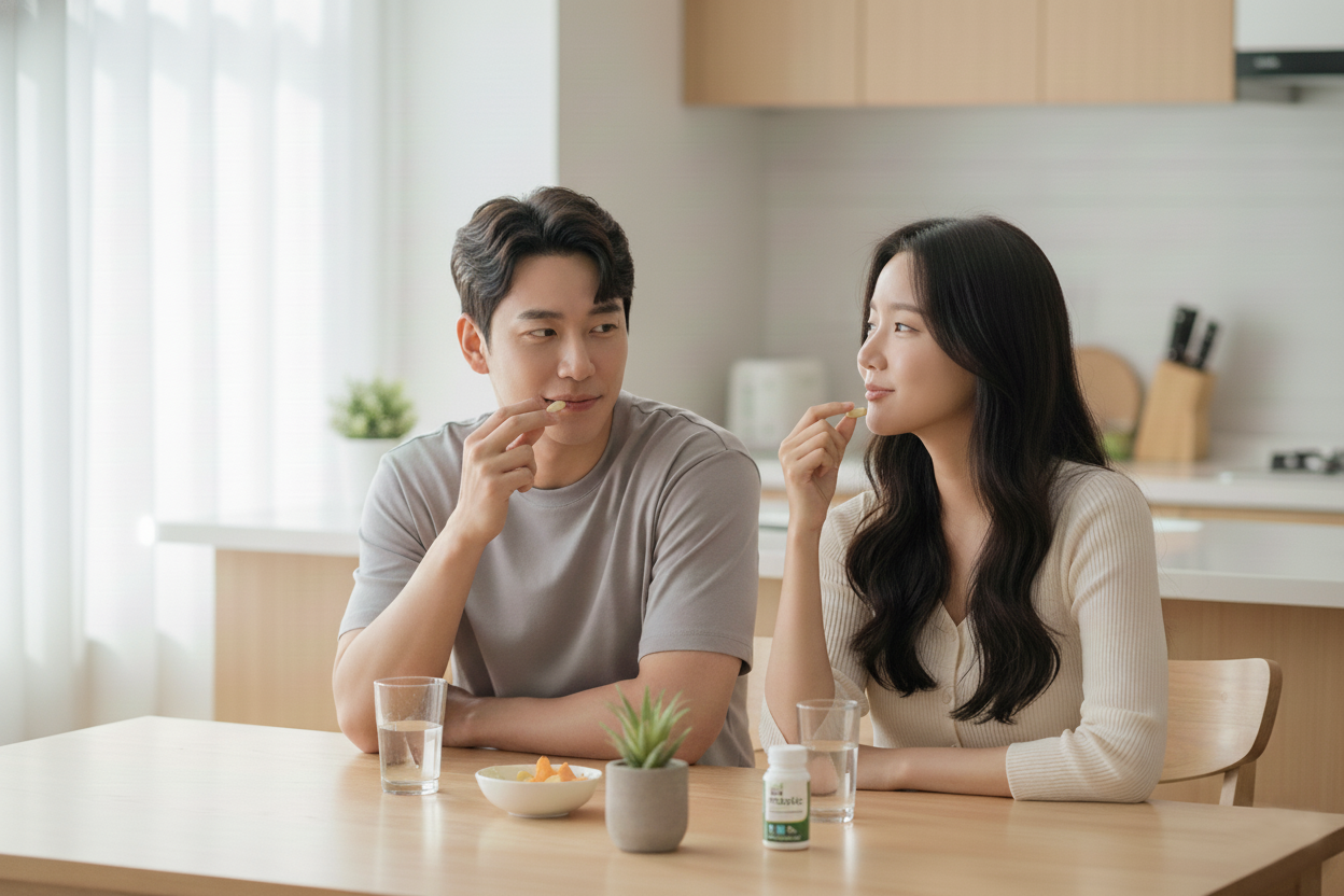 밝은 주방 식탁에서 한국인 남녀가 물과 함께 작은 정제를 섭취하며 서로를 바라보고 있고, 앞에 뉴트리너스 올바른 매스틱 유산균 병이 놓인 일상 섭취 컷 이미지