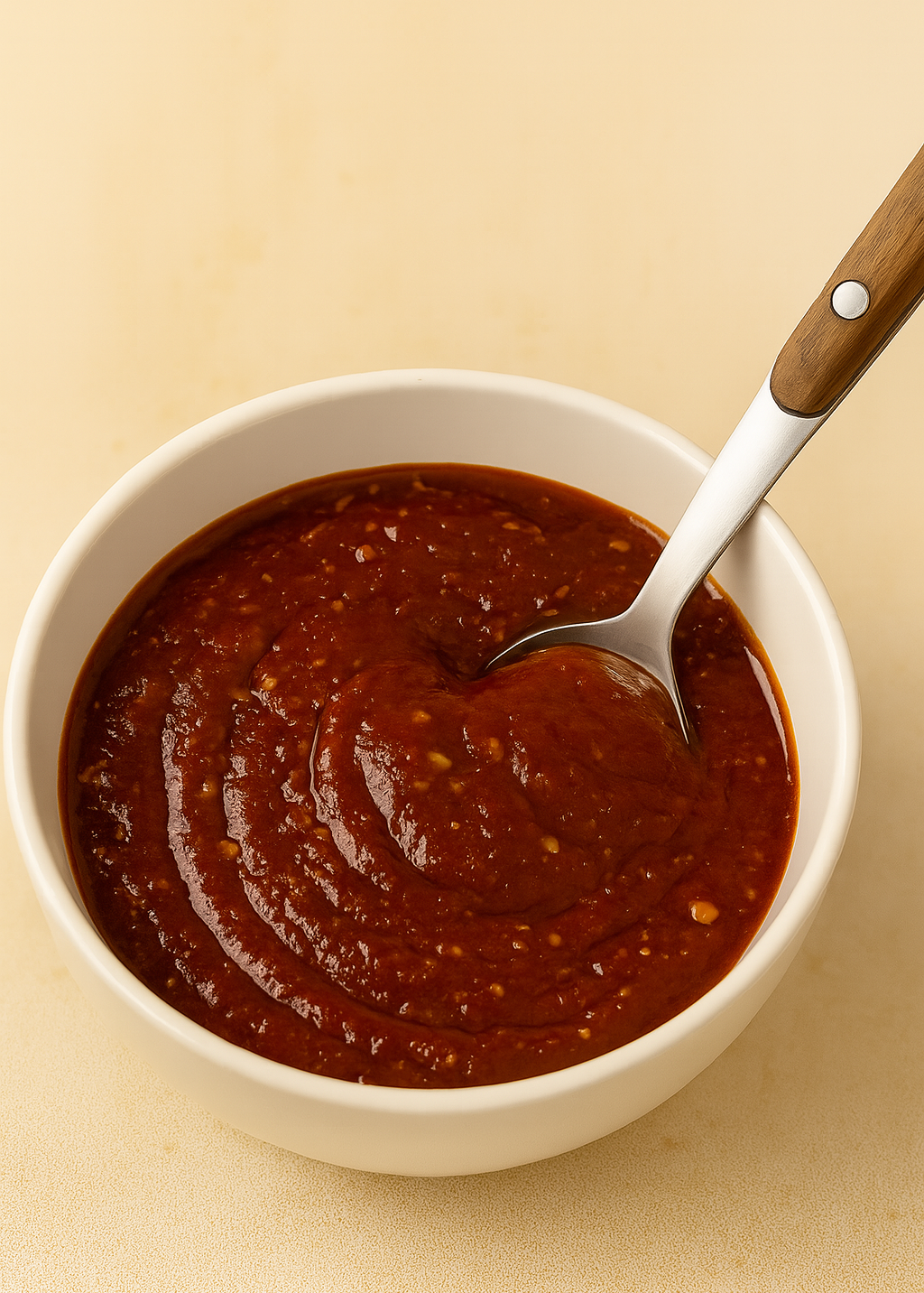 A thick Korean gochujang-based marinade in a white ceramic bowl, with a spoon scooping the rich red sauce.