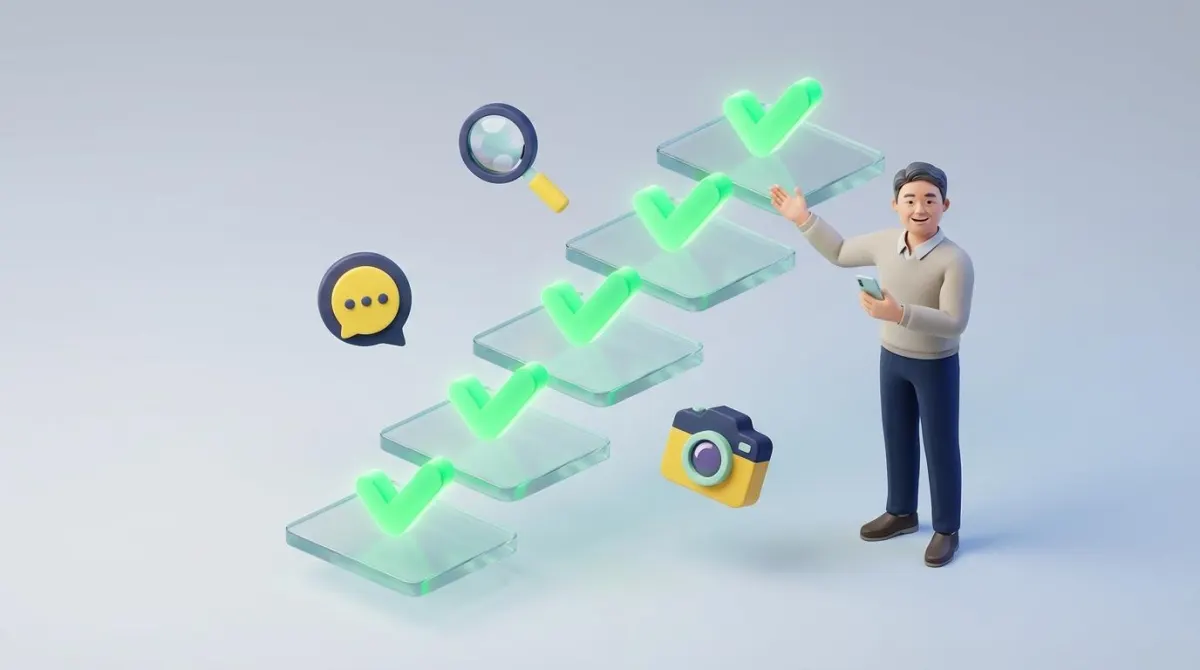 카카오톡 아스업(AskUp) 설치와 활용 단계를 상징하는 5개의 대형 3D 체크마크 구조물과 이를 만족스럽게 안내하는 중년 남성의 입체 일러스트