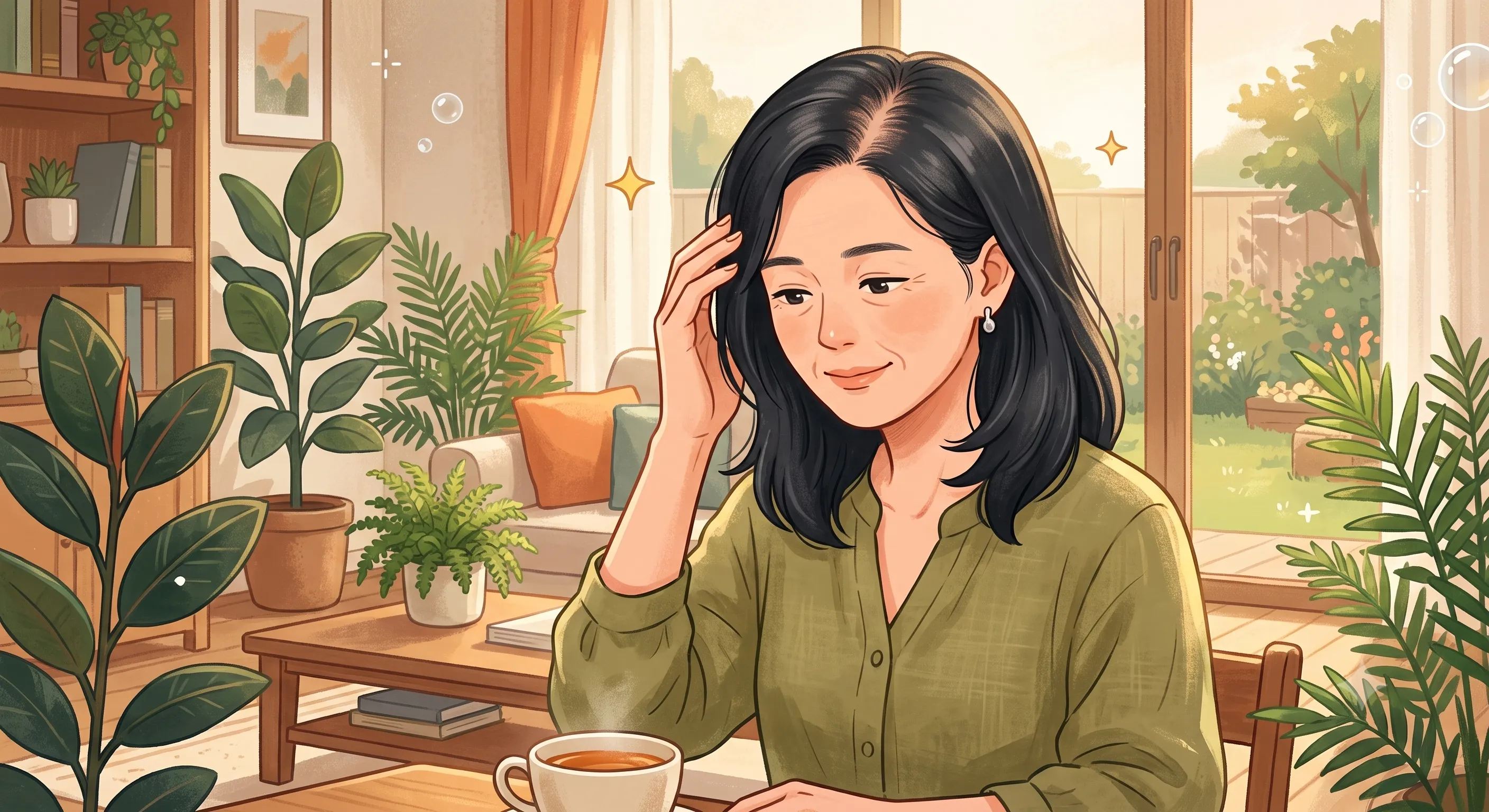 차를 마시고 있는 50대의 여성이 머리의 탈모로 인해 고민을 하고 있는 이미지
