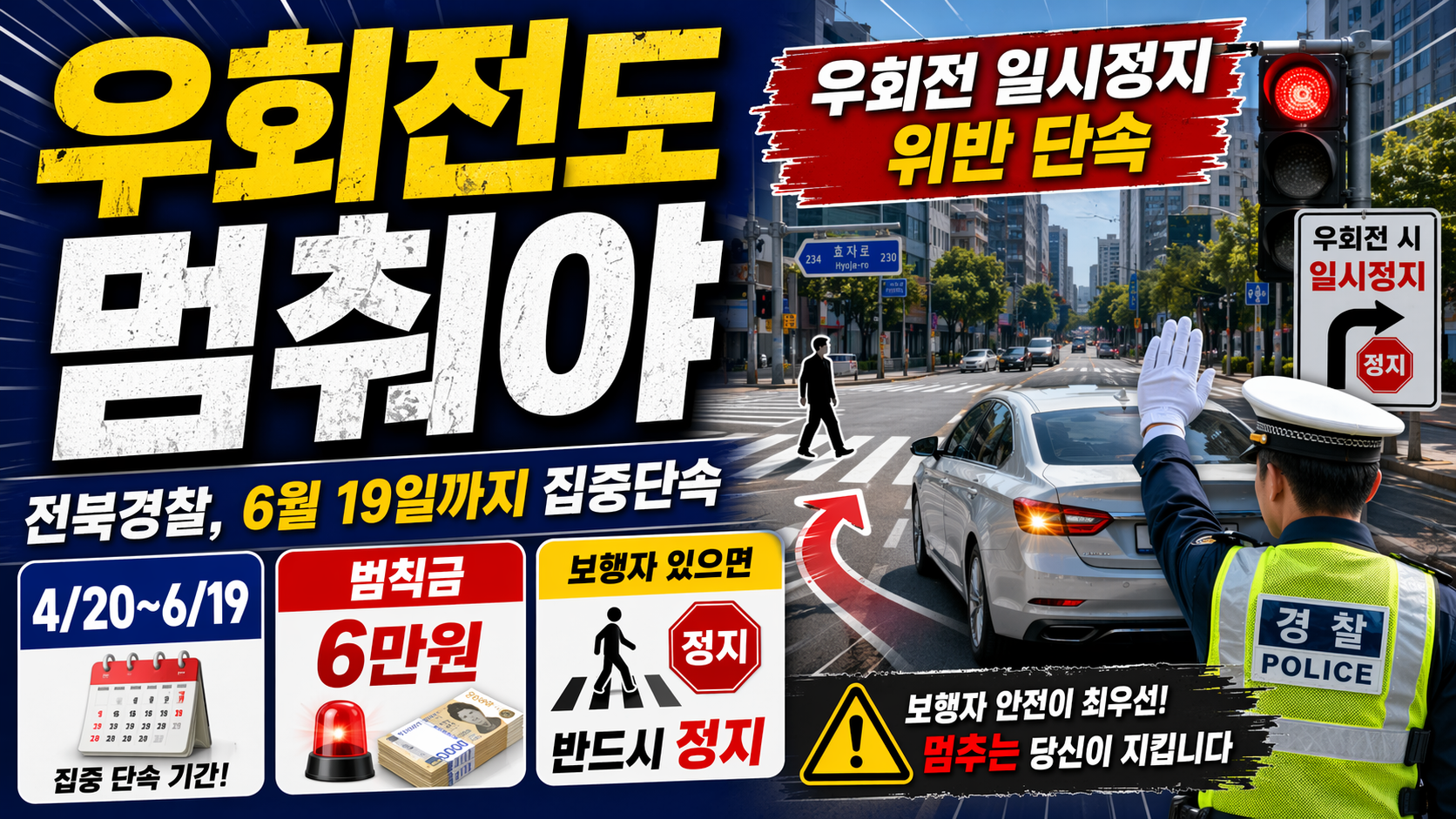 우회전도 멈춰야” 전북경찰, 6월 19일까지 집중단속,벌점과 범칙금 부과