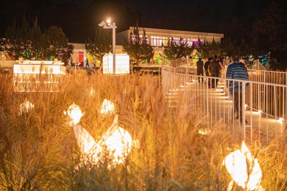 야간 조명이 켜져 화려한 분위기를 자아내는 진주빛마루 야외정원 풍경