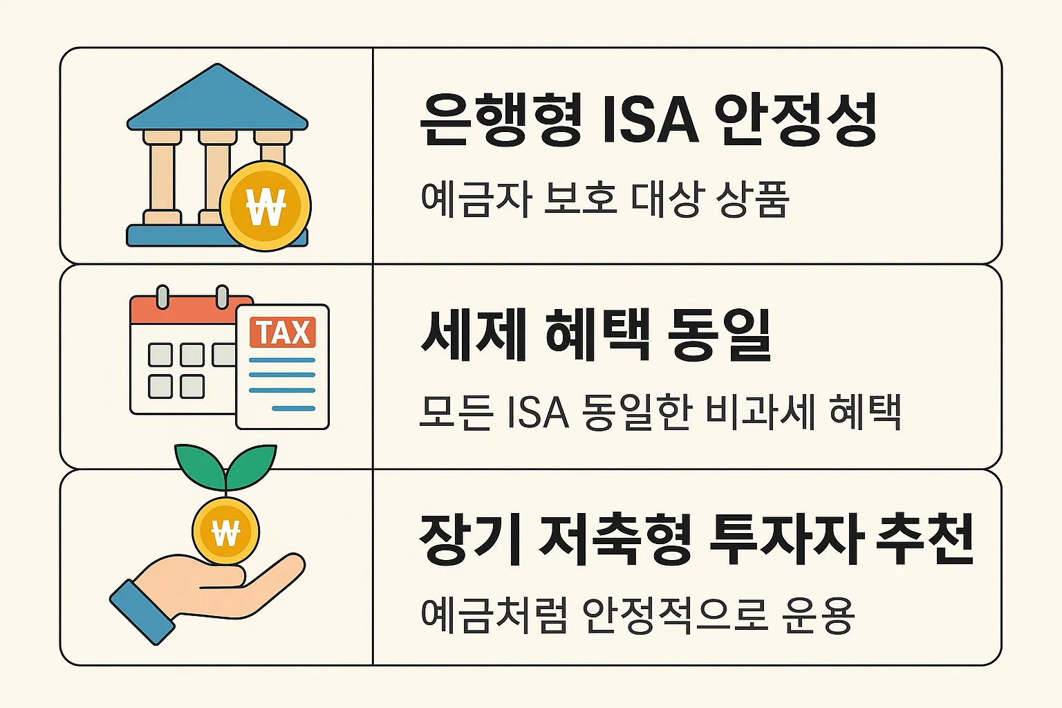 은행형 ISA의 안정성과 동일한 세제 혜택을 정리한 인포그래픽.
