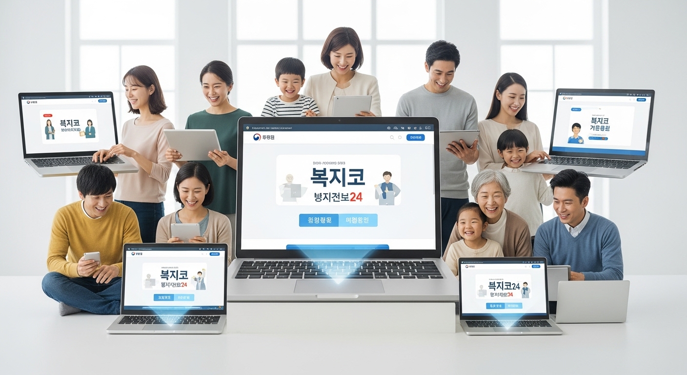 다양한 연령대의 사람들이 정부 웹사이트에서 지원 정책을 검색하는 모습