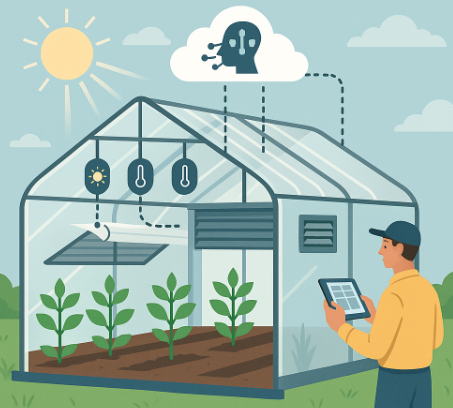 온실 자동 열차단 시스템을 표현한 인포그래픽. 온실 내부에 설치된 센서가 데이터를 수집하고, 클라우드 AI가 분석하여 차광막과 환기 장치를 자동으로 제어하는 과정을 시각화한 이미지.