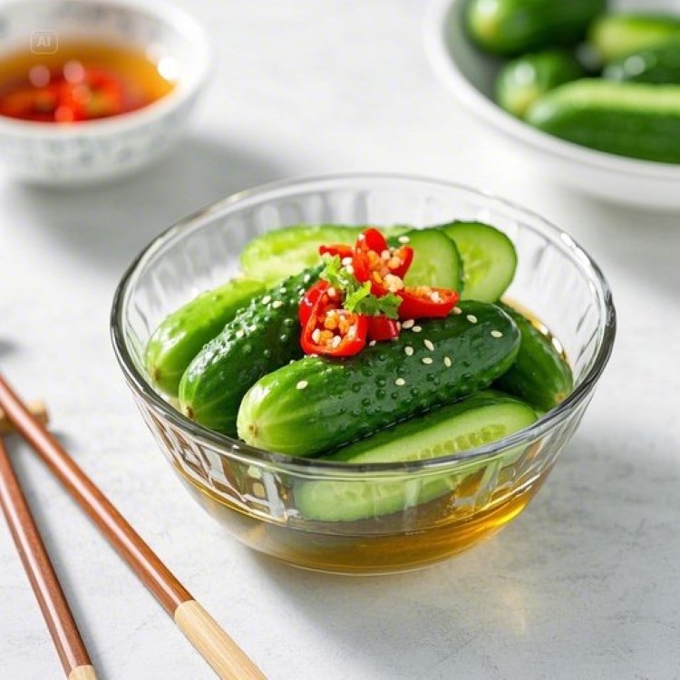 신선한 오이지가 투명한 유리 그릇에 담겨 있고, 빨간 고춧가루와 참기름이 골고루 버무려진 모습. 배경은 깔끔한 흰색 식탁이며, 젓가락과 작은 반찬 그릇들이 함께 배치되어 있다. 자연광이 들어오는 밝은 주방 분위기로 여름철 시원함이 느껴지는 이미지