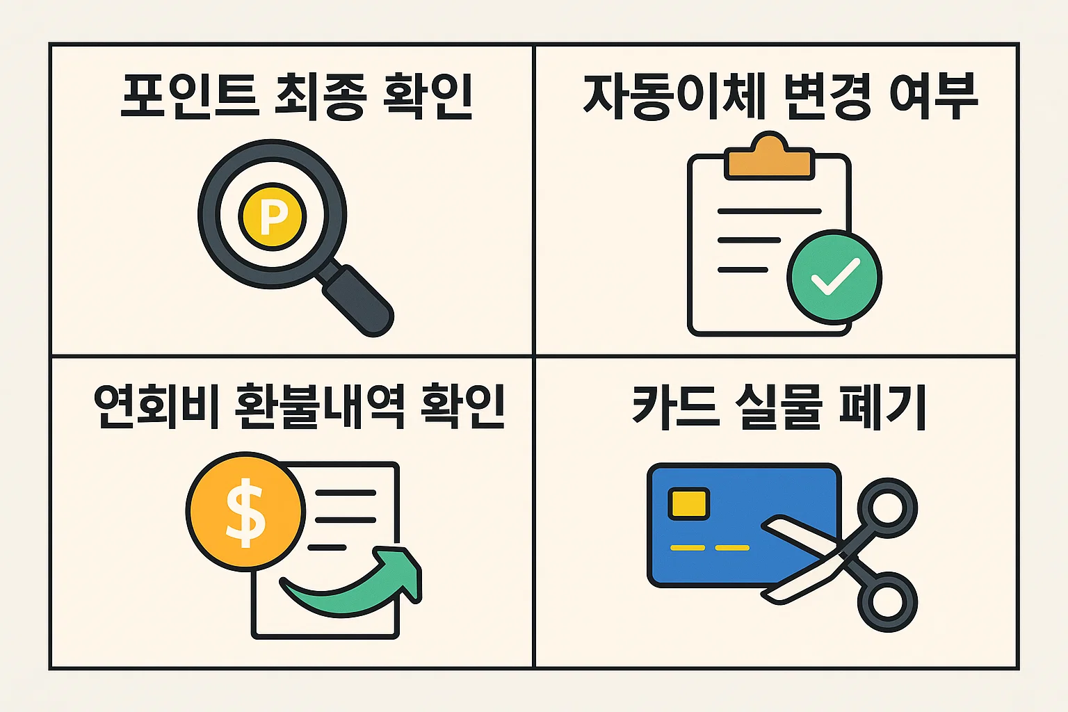 신용카드 해지 이후 반드시 확인해야 할 포인트 소멸 여부, 자동이체 변경 내역, 연회비 환불 내역, 카드 실물 폐기 등 신용카드 해지방법 완료 후 최종 정산 절차를 정리한 인포그래픽