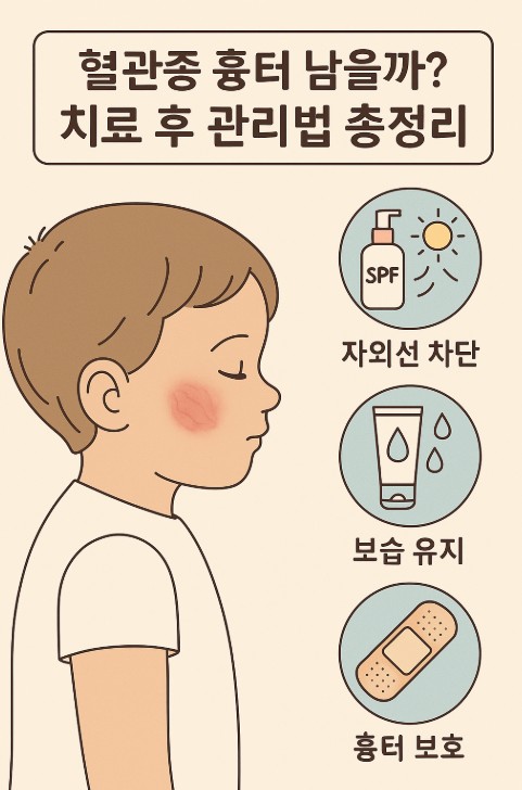 혈관종 치료 후 흉터 관리를 안내하는 일러스트 인포그래픽. 유아의 오른쪽 뺨에 붉은 흉터가 보이며, 자외선 차단, 보습 유지, 흉터 보호라는 세 가지 관리법